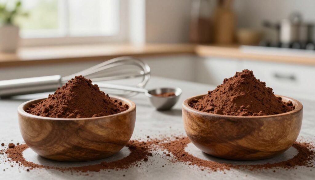 A beautiful, detailed display of two distinct types of cocoa powder designed to illustrate the differences between natural and alkalized cocoa. In the foreground, a small wooden bowl of rich, dark alkalized cocoa powder, its texture smooth and refined, contrasted with a rustic, warm-toned bowl of lighter, grainier natural cocoa powder. In the middle, elegant kitchen utensils are arranged neatly, including a whisks and measuring spoons, hinting at the process of baking. The background features a softly blurred kitchen setting with natural light filtering through a window, creating a warm and inviting atmosphere. Emphasize the cocoa powders’ textures and colors to highlight their differences, evoking a sense of culinary artistry and exploration. The composition should feel harmonious and aesthetically pleasing, without any distractions.