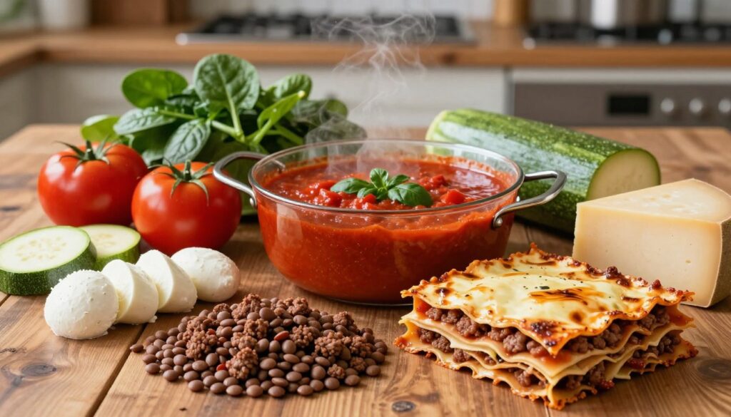 A beautifully arranged collage of essential ingredients for making lasagna, featuring vibrant fresh vegetables such as ripe tomatoes, green spinach, and slices of zucchini, alongside rich cheeses like mozzarella and ricotta. Include a generous portion of ground beef or lentils for a vegetarian option, placed in the foreground. In the middle, a pot of thick, simmering tomato sauce with herbs can be seen, exuding warmth and inviting aroma. The background softly showcases a rustic wooden kitchen table, bathed in warm natural light, creating a cozy and inviting atmosphere. Capture the scene from a slightly elevated angle to enhance the visual depth, focusing on the textures and colors of the ingredients to emphasize freshness and quality.
