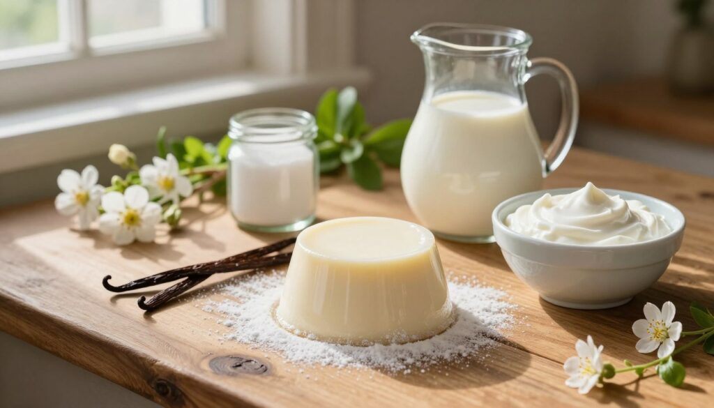 A beautifully arranged collection of ingredients for making panna cotta, including a small bowl of creamy, smooth panna cotta, a scattering of powdered gelatin, fresh vanilla pods, a pitcher of whole milk, a small jar of sugar, and a bowl of heavy cream. The ingredients are artfully placed on a rustic wooden countertop, surrounded by delicate spring flowers and soft green herbs for a touch of color. The lighting is warm and inviting, mimicking natural sunlight pouring in from a window, creating soft shadows and highlighting the textures of the ingredients. The atmosphere feels cozy and homey, evoking a sense of comfort and culinary creativity, perfect for aspiring home chefs. A beautifully arranged collection of ingredients for making panna cotta, including a small bowl of creamy, smooth panna cotta, a scattering of powdered gelatin, fresh vanilla pods, a pitcher of whole milk, a small jar of sugar, and a bowl of heavy cream. The ingredients are artfully placed on a rustic wooden countertop, surrounded by delicate spring flowers and soft green herbs for a touch of color. The lighting is warm and inviting, mimicking natural sunlight pouring in from a window, creating soft shadows and highlighting the textures of the ingredients. The atmosphere feels cozy and homey, evoking a sense of comfort and culinary creativity, perfect for aspiring home chefs.