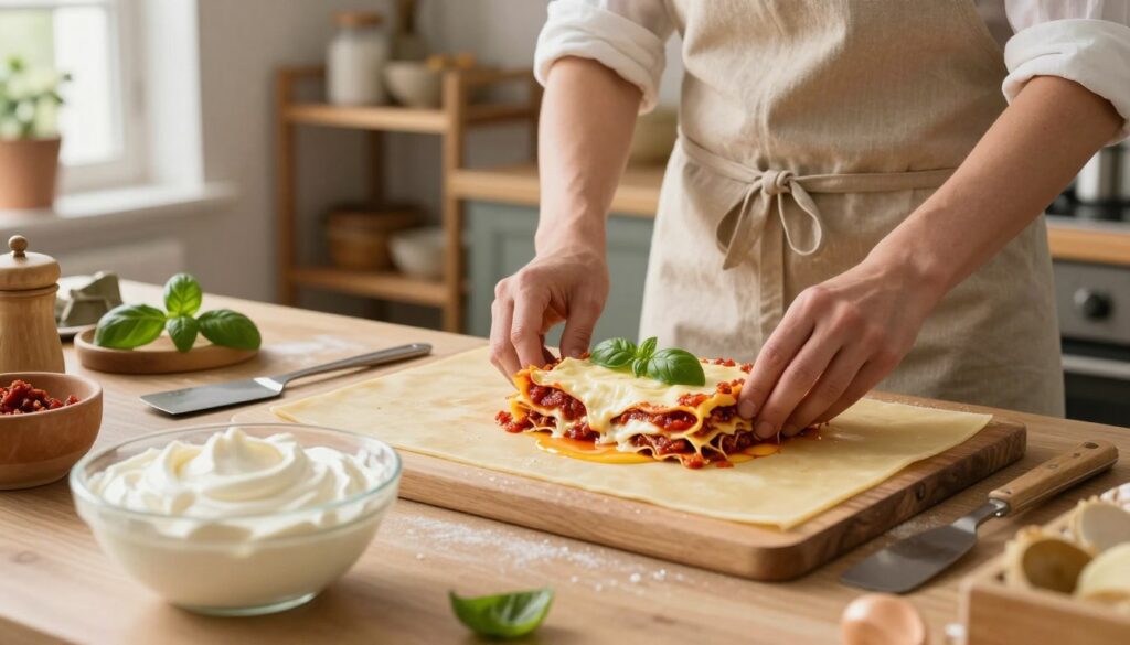 A beautifully arranged cooking scene featuring a person in a simple, elegant kitchen wearing a modest apron while preparing lasagna. In the foreground, show a bowl filled with creamy, rich sour cream, with a small spatula next to it. The middle ground captures the lasagna layers being carefully assembled with bursts of fresh ingredients like vibrant green basil, rich marinara sauce, and melted mozzarella cheese. The background features warm wooden shelves filled with cooking essentials and a hint of natural light streaming in from a nearby window, creating a cozy, inviting atmosphere. The overall mood is warm and appetizing, emphasizing the importance of incorporating cream for a luscious texture without heaviness.
