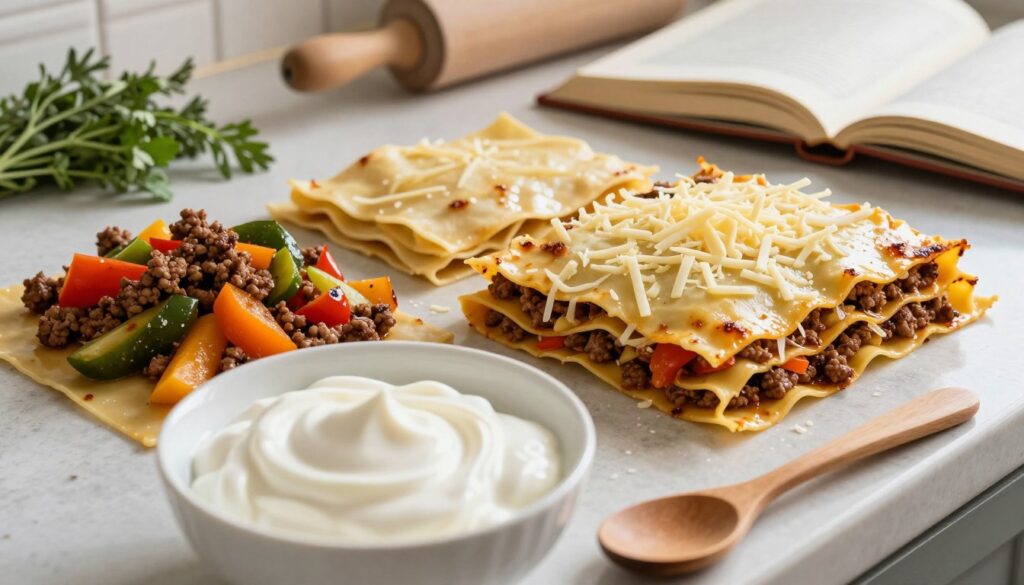 A beautifully arranged culinary scene showcasing a complete lasagna preparation process. In the foreground, a bowl of creamy white sour cream sits invitingly, with a wooden spoon resting beside it. In the middle, vibrant layers of fresh ingredients including browned ground meat, colorful sautéed vegetables, and sheets of lasagna pasta are artfully arranged. A generous layer of shredded cheese is sprinkled over the top, glistening in soft light. In the background, a rustic kitchen countertop adorned with herbs, a rolling pin, and an open cookbook adds a warm, homey atmosphere. The lighting is natural, casting gentle shadows that enhance the textures of the ingredients, evoking a cozy and appetizing vibe perfect for cooking enthusiasts.