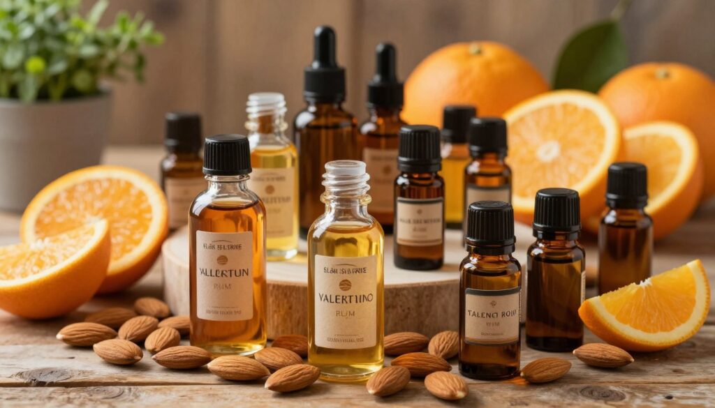A beautifully arranged display of high-quality essential oils, with a focus on almond, orange, and rum scents. In the foreground, elegant glass bottles with intricate labels showcasing rich amber and golden liquids, glistening under soft, warm lighting. The middle layer features an assortment of fresh fruits, like oranges and almonds, artistically positioned around the bottles, highlighting natural ingredients. In the background, a subtle wooden table texture adds a rustic charm, with soft focus on potted herbs hinting at freshness. The atmosphere is warm and inviting, suggesting a sensory experience. The image should be captured from a slightly elevated angle to showcase the entire composition in a harmonious and aesthetically pleasing manner.