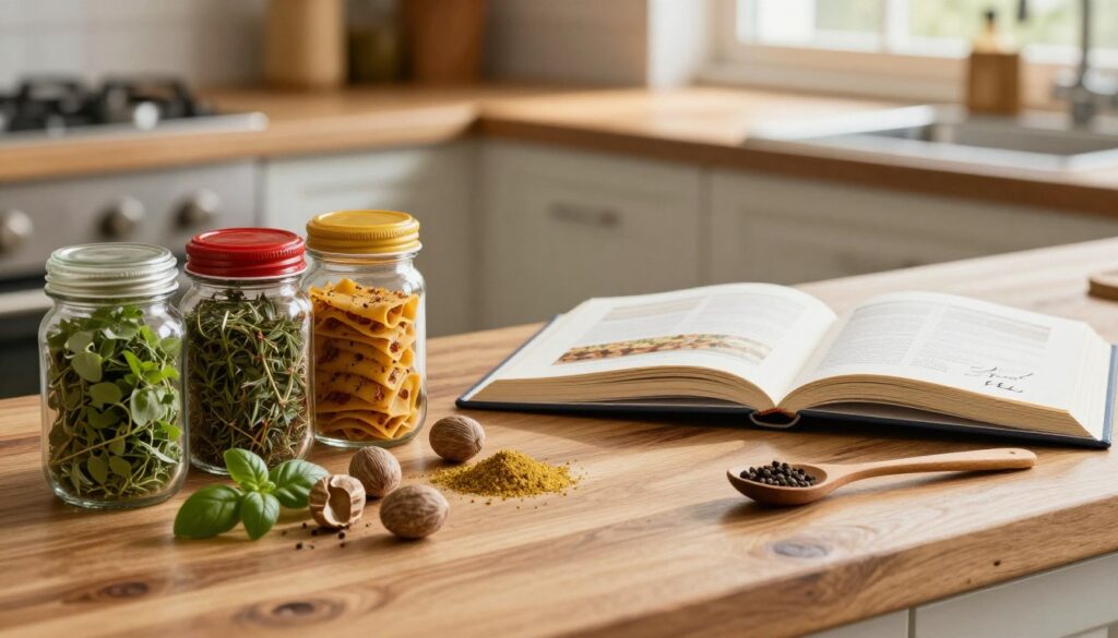 A beautifully arranged display of lasagne spices on a rustic wooden kitchen countertop. In the foreground, vibrant and colorful jars of herbs like oregano, basil, and thyme, along with ground spices such as nutmeg and black pepper. A small wooden spoon rests beside them, hinting at culinary creativity. In the middle ground, a partially opened cookbook lies open to a lasagne recipe, with a few handwritten notes. The background features a softly blurred kitchen setting, with warm, inviting light streaming in from a window, casting gentle shadows. The atmosphere is cozy and inspiring, ideal for cooking. The image should evoke a sense of anticipation and passion for preparing an Italian delicacy.