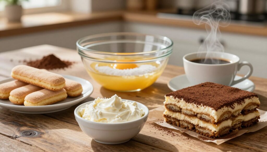 A beautifully arranged flat lay of tiramisu ingredients on a rustic wooden table. In the foreground, a small bowl of creamy mascarpone cheese sits next to a plate of soft, delicate ladyfinger cookies. A steaming cup of freshly brewed coffee, with steam rising gently, adds warmth to the scene. In the middle ground, a glass mixing bowl reflects soft sunlight, showcasing sugar and egg yolks ready to be combined. The background features blurred hints of cocoa powder and a charming kitchen setting, with natural light streaming in, creating a warm and inviting atmosphere. The overall mood is cozy and inspiring, perfect for a culinary adventure. Use a shallow depth of field to focus on the ingredients, with soft, natural lighting for a homely feel.