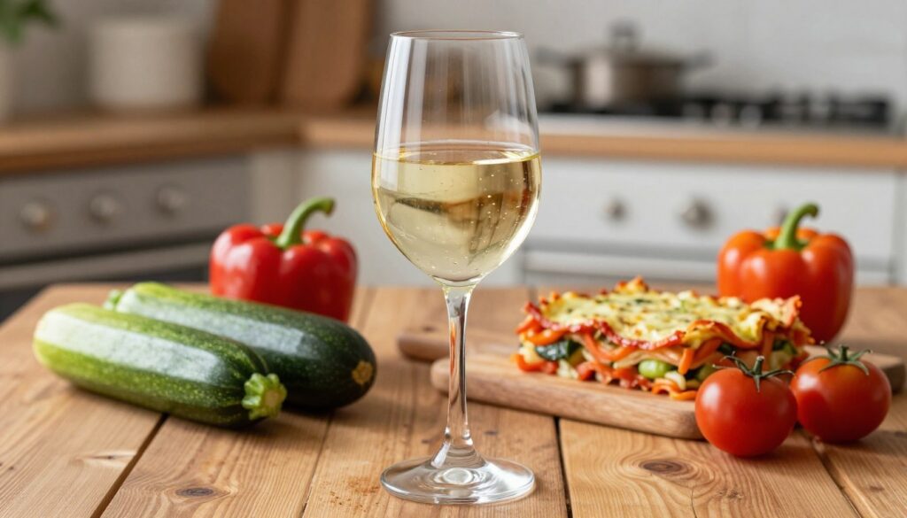 A beautifully arranged glass of pinot grigio, filled to the rim with pale golden liquid, sits prominently in the foreground, with delicate, swirling reflections of light dancing on its surface. Surrounding the glass are fresh, vibrant vegetables like zucchini, bell peppers, and tomatoes, artistically placed to evoke the essence of a vegetable lasagne. In the middle ground, a rustic wooden table complements the scene. Soft, natural lighting illuminates the image, creating a warm and inviting atmosphere, while a blurred background features a cozy kitchen setting, hinting at culinary preparations. The overall mood is fresh, friendly, and harmonious, perfect for showcasing the delightful combination of white wine and vegetable dishes.