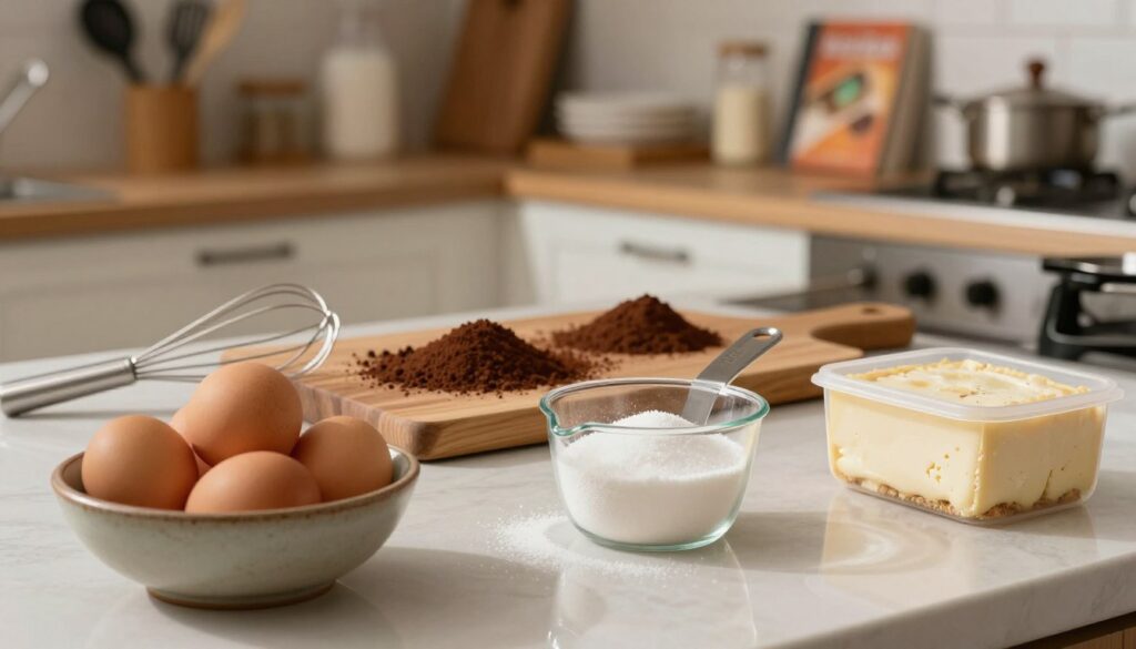 A beautifully arranged kitchen countertop, showcasing the preparation of ingredients for classic tiramisu. In the foreground, there are fresh eggs in a rustic bowl, a measuring cup filled with sugar, and a container of mascarpone cheese, all illuminated by soft, warm lighting. In the middle ground, a wooden cutting board features coffee grounds and cocoa powder, with a whisk and measuring spoons scattered artfully nearby. The background reveals a cozy kitchen setting with shelves lined with baking utensils and cookbooks, creating an inviting atmosphere. The image should have a professional, vibrant feel, emphasizing the meticulous and enjoyable process of prepping for a beloved dessert. A shallow depth of field should be applied to gently blur the background, keeping the focus on the ingredients and utensils in the foreground.