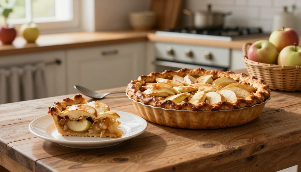 A beautifully arranged kitchen scene depicting a freshly baked apple pie (jabłecznik) on a rustic wooden table. The pie, with a glossy golden-brown crust and visible apple slices, is placed alongside a slice on a delicate porcelain plate, revealing its inviting filling. In the background, a cozy kitchen setting with vintage utensils, a softly glowing oven, and a basket of fresh apples adds warmth. Soft, natural lighting filters through a nearby window, casting gentle shadows and creating an inviting atmosphere. The focus is on the pie, showcasing its texture and deliciousness, while the kitchen elements subtly frame the scene. The overall mood is homely and inviting, perfect for illustrating the topic of apple desserts.