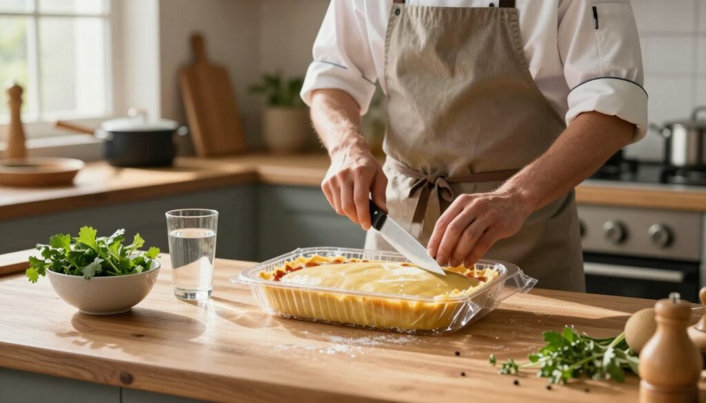 A beautifully arranged kitchen scene focused on a frozen lasagna being placed on a wooden countertop, beside a bowl of fresh herbs and a glass of water. The lasagna, still in its packaging, is surrounded by a cozy, warm atmosphere with soft, natural lighting filtering in from a nearby window, casting gentle shadows. In the middle distance, a chef in a neat, professional apron is using a knife to cut the plastic wrap, showing attention to detail and care in the preparation process. The background features a rustic kitchen setup with pots, pans, and other cooking utensils, creating a homey vibe. Overall, the image conveys a sense of warmth, culinary enjoyment, and the importance of proper food thawing and reheating techniques. A beautifully arranged kitchen scene focused on a frozen lasagna being placed on a wooden countertop, beside a bowl of fresh herbs and a glass of water. The lasagna, still in its packaging, is surrounded by a cozy, warm atmosphere with soft, natural lighting filtering in from a nearby window, casting gentle shadows. In the middle distance, a chef in a neat, professional apron is using a knife to cut the plastic wrap, showing attention to detail and care in the preparation process. The background features a rustic kitchen setup with pots, pans, and other cooking utensils, creating a homey vibe. Overall, the image conveys a sense of warmth, culinary enjoyment, and the importance of proper food thawing and reheating techniques.