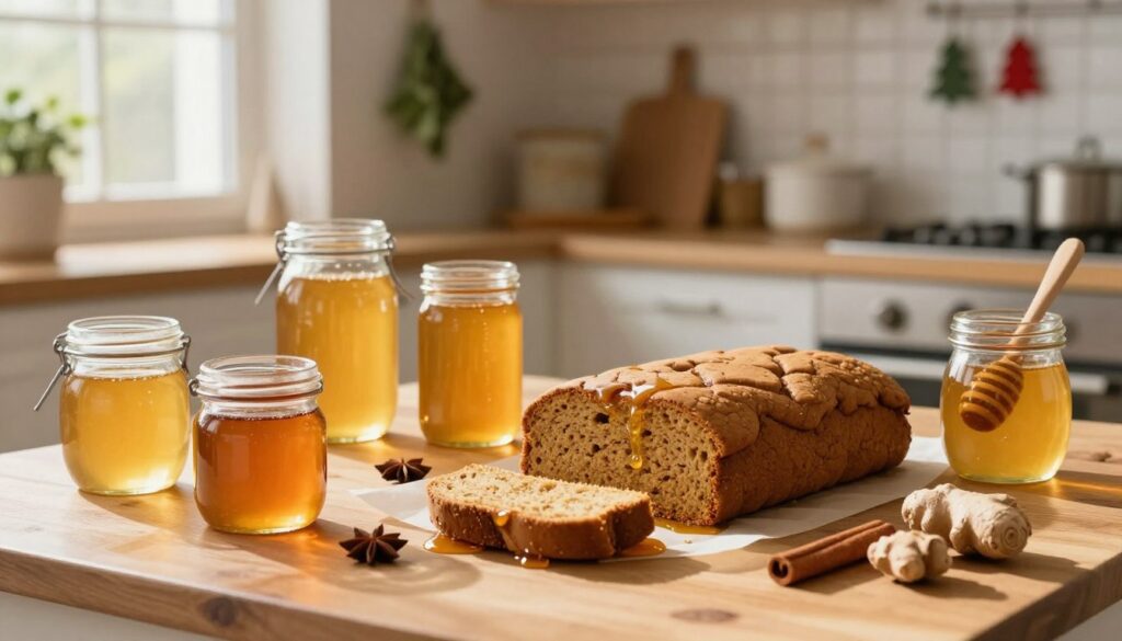A beautifully arranged kitchen scene focusing on the practical use of honey in gingerbread baking. In the foreground, a wooden table displays a variety of golden jars filled with different types of honey. A mixing bowl sits nearby, with a wooden spatula and aromatic spices like cinnamon and ginger scattered artistically around. In the middle, a freshly baked gingerbread is partially sliced, revealing its moist texture, with glistening honey dripping from the edges. The background features a softly lit kitchen with warm, inviting tones, including hanging herbs and festive decorations. Natural light streams in from a window, casting gentle shadows that enhance the cozy, homely atmosphere, evoking the comforting aroma of homemade gingerbread. A beautifully arranged kitchen scene focusing on the practical use of honey in gingerbread baking. In the foreground, a wooden table displays a variety of golden jars filled with different types of honey. A mixing bowl sits nearby, with a wooden spatula and aromatic spices like cinnamon and ginger scattered artistically around. In the middle, a freshly baked gingerbread is partially sliced, revealing its moist texture, with glistening honey dripping from the edges. The background features a softly lit kitchen with warm, inviting tones, including hanging herbs and festive decorations. Natural light streams in from a window, casting gentle shadows that enhance the cozy, homely atmosphere, evoking the comforting aroma of homemade gingerbread.