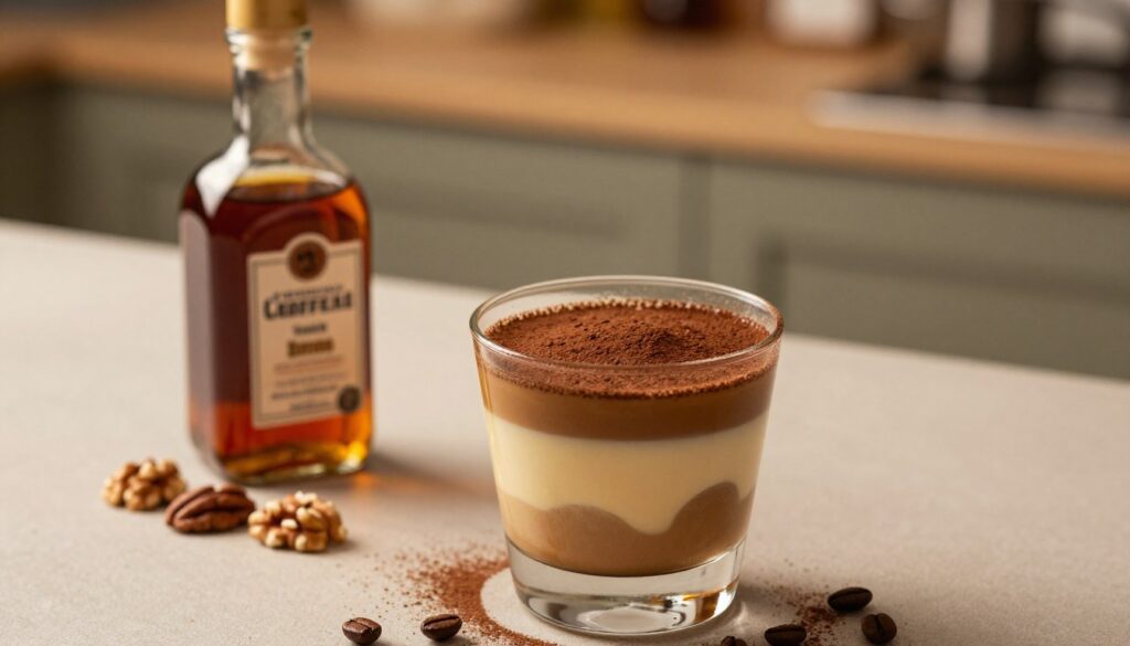 A beautifully arranged overhead view of a refined cocktail setup featuring a classic glass filled with a rich, amber rum cocktail. The foreground showcases delicate layers of creamy tiramisu, elegantly garnished with cocoa powder and coffee beans. In the middle, a small bottle of premium coffee liqueur is artistically placed next to the rum, with hints of crushed nuts like walnuts and pecans scattered around. The background softly blurs to reveal a warm, inviting kitchen ambiance, with gentle golden lighting creating a cozy atmosphere. Use a shallow depth of field to emphasize the cocktail while providing a slightly blurred backdrop that evokes an enticing culinary experience.