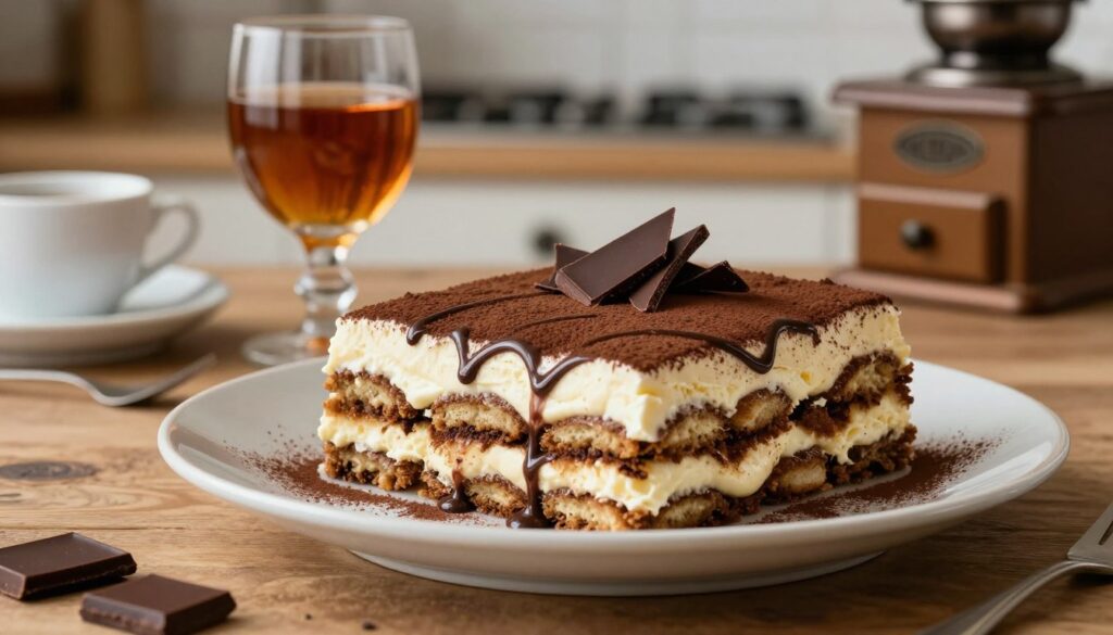 A beautifully arranged plate of likier tiramisu, showcasing multiple layers of rich, creamy mascarpone, coffee-soaked ladyfingers, and a generous drizzle of chocolate sauce. In the foreground, highlight the delicate texture and elegant presentation of the dessert, garnished with cocoa powder and slivers of dark chocolate. In the middle, include a glass of a rich, amber-colored almond-flavored liqueur, reflecting the warm light. The background features a softly lit kitchen with rustic wooden countertops and subtle hints of Italian coffee culture, like espresso cups and a vintage coffee grinder. The mood is warm and inviting, evoking the intimate atmosphere of a cozy café. Soft, natural lighting enhances the rich colors and textures, making the tiramisu the focal point of the image. A beautifully arranged plate of likier tiramisu, showcasing multiple layers of rich, creamy mascarpone, coffee-soaked ladyfingers, and a generous drizzle of chocolate sauce. In the foreground, highlight the delicate texture and elegant presentation of the dessert, garnished with cocoa powder and slivers of dark chocolate. In the middle, include a glass of a rich, amber-colored almond-flavored liqueur, reflecting the warm light. The background features a softly lit kitchen with rustic wooden countertops and subtle hints of Italian coffee culture, like espresso cups and a vintage coffee grinder. The mood is warm and inviting, evoking the intimate atmosphere of a cozy café. Soft, natural lighting enhances the rich colors and textures, making the tiramisu the focal point of the image.