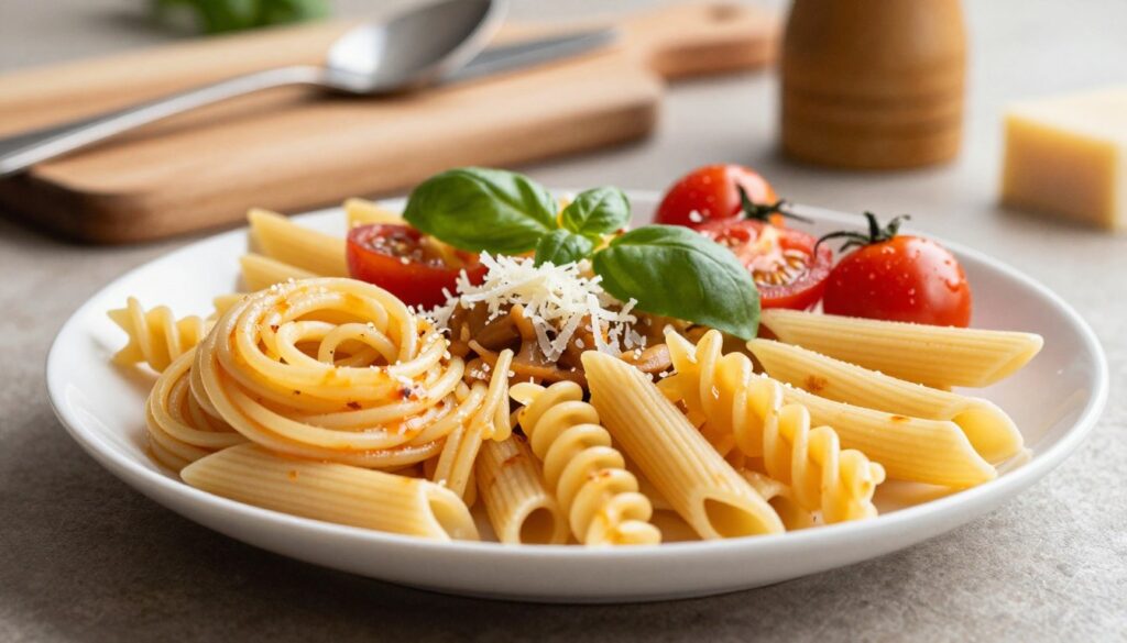 A beautifully arranged plate of various pasta shapes, including spaghetti, penne, and fusilli, artistically displayed in the foreground. Each type of pasta has a glossy finish, indicating a light sauce coating. The middle ground features vibrant ingredients like juicy cherry tomatoes, fresh basil leaves, and finely grated parmesan cheese, all adding color and texture to the composition. In the background, a wooden cutting board and kitchen utensils create a warm, inviting atmosphere. Soft natural lighting illuminates the scene, casting gentle shadows and highlighting the pasta's details. Use a shallow depth of field to focus on the pasta, creating an appetizing and cozy ambiance that evokes the joy of cooking and enjoying pasta dishes. A beautifully arranged plate of various pasta shapes, including spaghetti, penne, and fusilli, artistically displayed in the foreground. Each type of pasta has a glossy finish, indicating a light sauce coating. The middle ground features vibrant ingredients like juicy cherry tomatoes, fresh basil leaves, and finely grated parmesan cheese, all adding color and texture to the composition. In the background, a wooden cutting board and kitchen utensils create a warm, inviting atmosphere. Soft natural lighting illuminates the scene, casting gentle shadows and highlighting the pasta's details. Use a shallow depth of field to focus on the pasta, creating an appetizing and cozy ambiance that evokes the joy of cooking and enjoying pasta dishes.
