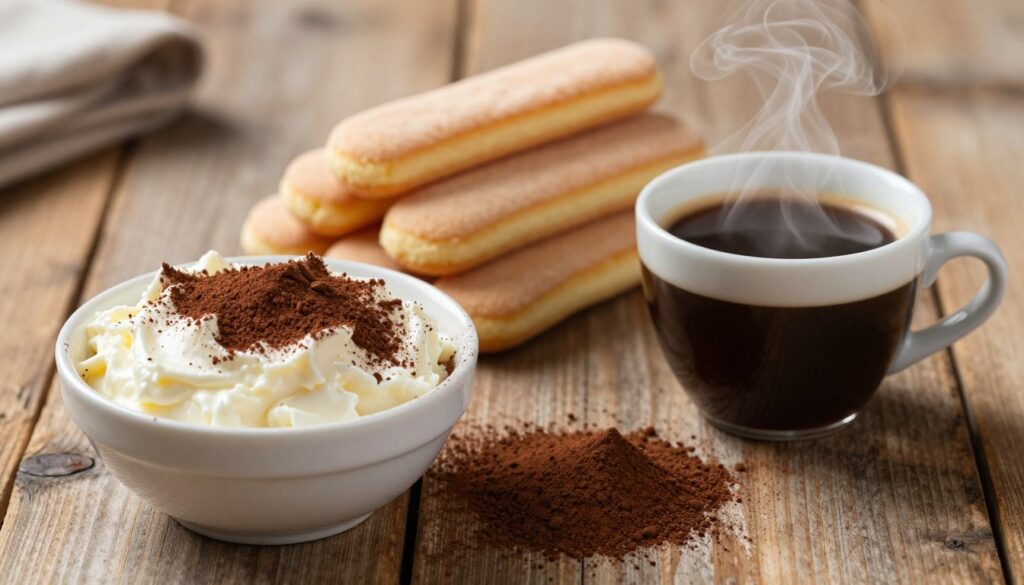 A beautifully arranged scene showcasing the classic Italian tiramisu ingredients. In the foreground, a graceful bowl of creamy mascarpone sits next to a cup of rich, dark espresso, steam gently rising from the coffee. A delicate layer of unsweetened cocoa powder is artfully sprinkled beside these ingredients, emphasizing its importance in flavor. The middle ground features savoiardi (ladyfingers) perfectly stacked, evoking a sense of texture and structure. In the background, a rustic wooden table complements the warm, inviting ambiance, with soft, natural lighting illuminating the scene. Use a shallow depth of field to focus on the ingredients, capturing the rich colors and textures, creating a cozy, homemade atmosphere that highlights the essence of traditional tiramisu making.