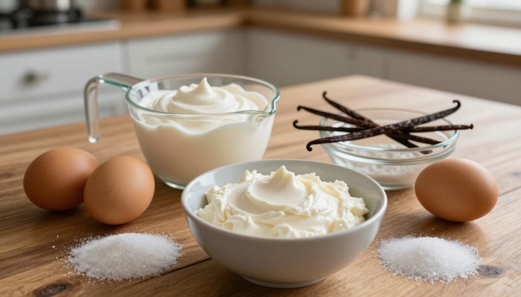 A beautifully arranged selection of cheesecake ingredients on a rustic wooden table, emphasizing room temperature elements. In the foreground, a bowl of creamy cream cheese, eggs, and a scattering of granulated sugar glimmer in soft natural light. The middle layer features a measuring cup filled with rich sour cream, alongside a delicate glass dish of fresh vanilla beans. In the background, the warm ambiance of a softly lit kitchen can be seen, with hints of flour and baking tools, creating a homely, inviting atmosphere. The image is captured with a slight overhead angle, highlighting the textures and colors of the ingredients, enhancing the sense of warmth and comfort, ideal for a baking theme.