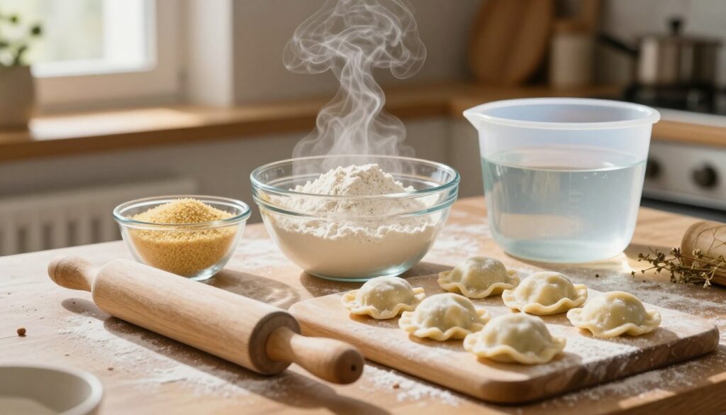 A beautifully arranged set of ingredients for making dough for pierogi, featuring a clear glass bowl filled with flour, a nearby measuring cup with semolina, and a steaming container of hot water. In the foreground, a well-used wooden rolling pin and a gently floured pastry board (stolnica) sit invitingly. The background softly blurs into a rustic kitchen scene, with warm, natural light streaming through a window, casting gentle shadows. A hint of dried herbs can be seen on the countertop for added texture. The overall mood is inviting and cozy, evoking the comforting atmosphere of home cooking. The composition emphasizes simplicity and warmth, perfect for illustrating the essentials of preparing pierogi dough.