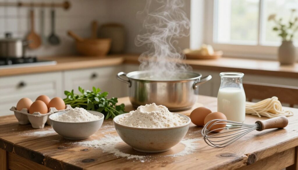 A beautifully arranged spread of ingredients for making "kluski lane" noodles, centered on a rustic wooden table. In the foreground, bowls of flour, a few eggs, and a glass of milk await in neat portions. An old-fashioned whisk lies nearby, hinting at the preparation process. The middle ground features a soft-focus view of a pot with bubbling broth, suggesting the noodles’ destination, while a few sprigs of fresh herbs add a pop of color. The background includes a softly lit kitchen with wooden cabinets and hanging utensils, creating a warm, inviting atmosphere. Soft, natural lighting filters through a nearby window, adding a homey glow. The overall mood is cozy and rustic, capturing the essence of homemade cooking.
