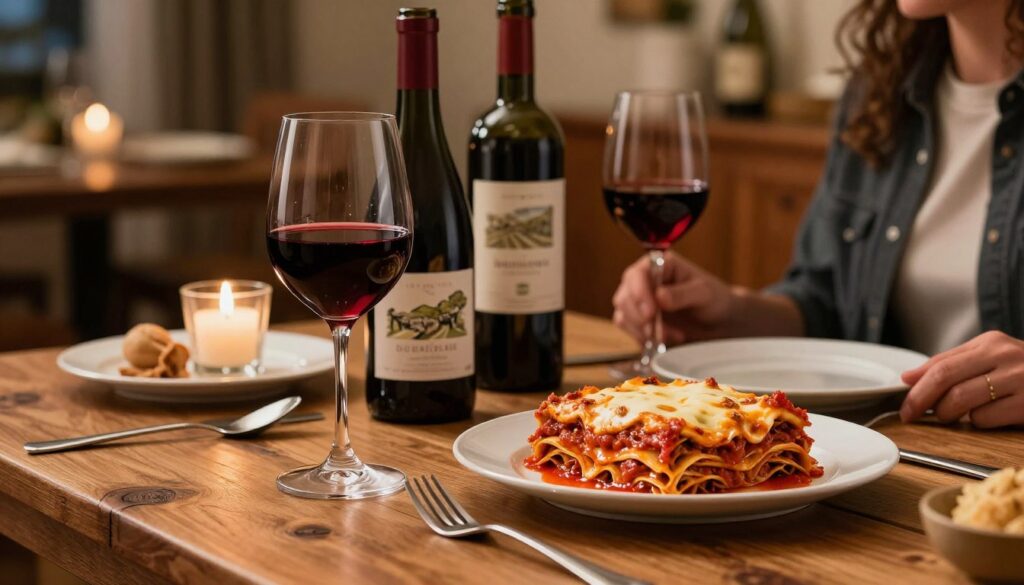 A beautifully arranged table set for a cozy Italian dinner, featuring a rustic wooden table as the foreground. On the table, a glass of deep red wine, its rich color illuminated by soft candlelight, placed beside a generous serving of lasagna, layered with rich tomato sauce and melted cheese, emitting a warm and inviting aroma. In the middle ground, a couple of elegant wine bottles with labels showcasing classic Italian vineyards are artfully positioned. The background reveals a softly lit dining room with warm colors and wooden accents, creating a romantic and intimate atmosphere. The lighting casts gentle shadows, enhancing the rich textures of the food and wine, inviting viewers to explore the delightful pairing of red wine with lasagna.