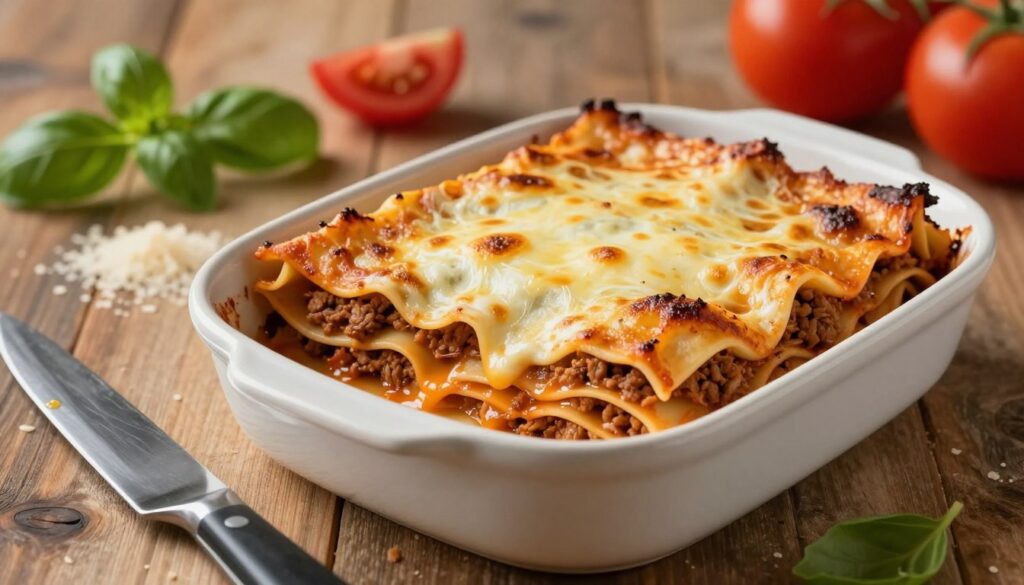A beautifully baked lasagna in a ceramic dish, freshly removed from the oven, showcasing perfectly layered pasta, rich meat sauce, and melted cheese with a golden-brown top. In the foreground, a cutting knife rests beside the dish, glistening slightly with moist cheese. The middle background features a rustic wooden table with scattered ingredients like fresh basil leaves, slices of tomatoes, and a sprinkle of parmesan, hinting at the preparation process. Soft, warm lighting casts a cozy glow over the scene, enhancing the inviting atmosphere. The focus is on the lasagna, with a shallow depth of field blurring the background, creating an enticing view that emphasizes the texture and layers, evoking a sense of comfort and home-cooked goodness.