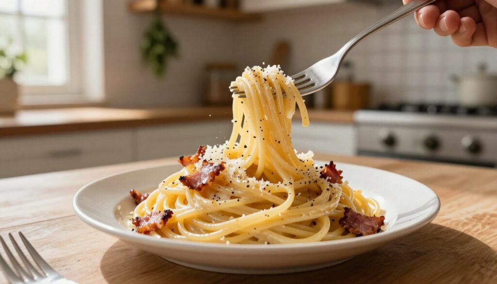 A beautifully plated dish of spaghetti carbonara takes center stage, showcasing al dente noodles glistening with a glossy coating of creamy sauce. The spaghetti is generously topped with crispy pancetta and freshly grated pecorino cheese, with a sprinkling of cracked black pepper adding texture. In the foreground, a fork twirls the pasta, capturing a perfect bite, while a blurred background features an inviting Italian kitchen, adorned with rustic wooden shelves and hanging herbs. Soft, warm natural light streams through a nearby window, creating a cozy atmosphere, while shadows subtly play on the table surface. Focused at a slightly elevated angle, this composition highlights the dish's enticing details, inviting the viewer to savor the classic Italian flavors.