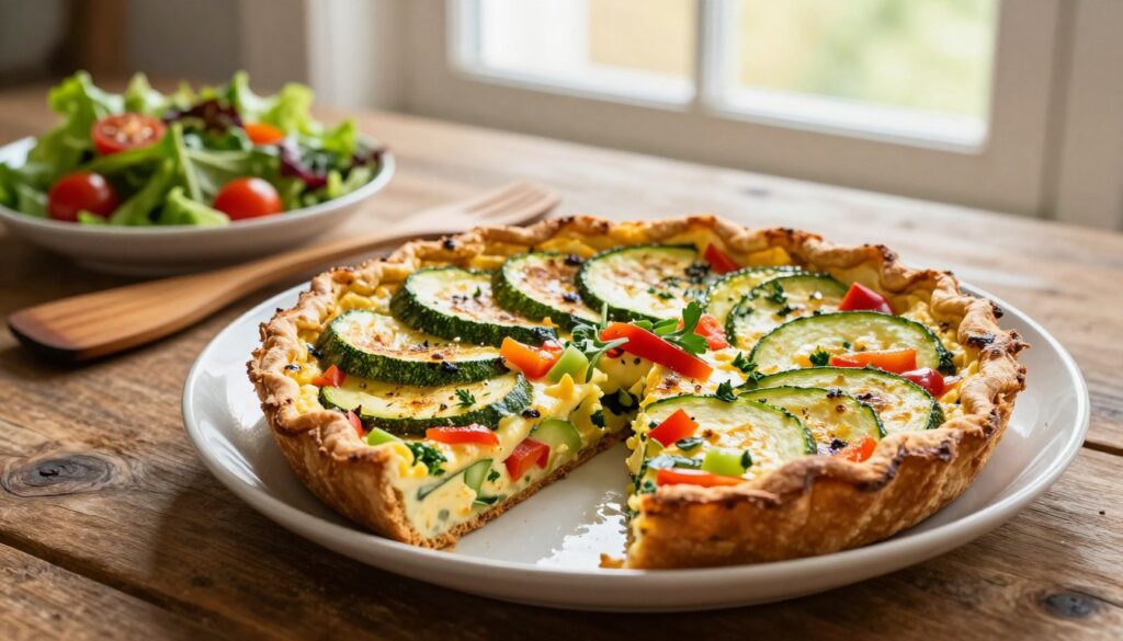 A beautifully plated frittata featuring zucchini, vibrant green and lightly sautéed, sits atop a rustic wooden table. In the foreground, the frittata is cut into wedges, showcasing its fluffy texture and colorful ingredients, including diced bell peppers and fresh herbs. The middle ground includes an elegant wooden spatula and a small bowl of fresh salad garnished with cherry tomatoes. In the background, soft morning light filters through a nearby window, casting a warm glow across the scene, enhancing the inviting atmosphere. The image should emphasize the rich colors and textures of the dish, reflecting a cozy kitchen setting ideal for a quick meal. The angle is slightly overhead, allowing the viewer to appreciate the details of the frittata and surrounding elements without distractions.