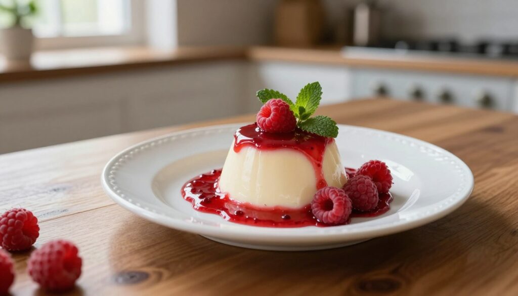 A beautifully plated panna cotta dessert, elegantly presented on a white ceramic plate. The panna cotta is creamy and smooth, topped with a luscious raspberry coulis that cascades over the sides, while fresh raspberries and mint leaves garnish the dish. The foreground features a polished wooden table, adding warmth to the scene. In the middle, the panna cotta stands out, illuminated by soft, diffused natural light coming from a nearby window, casting gentle shadows. The background is a softly blurred kitchen setting with hints of herbs and a vase of flowers, creating a cozy, inviting atmosphere. The composition captures the simplicity and elegance of this classic Italian dessert. A beautifully plated panna cotta dessert, elegantly presented on a white ceramic plate. The panna cotta is creamy and smooth, topped with a luscious raspberry coulis that cascades over the sides, while fresh raspberries and mint leaves garnish the dish. The foreground features a polished wooden table, adding warmth to the scene. In the middle, the panna cotta stands out, illuminated by soft, diffused natural light coming from a nearby window, casting gentle shadows. The background is a softly blurred kitchen setting with hints of herbs and a vase of flowers, creating a cozy, inviting atmosphere. The composition captures the simplicity and elegance of this classic Italian dessert.