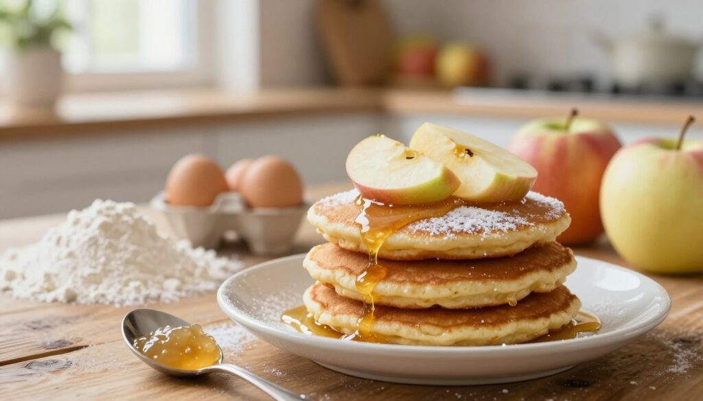 A beautifully plated stack of fluffy "racuchy jabłkami," traditional Polish apple pancakes, arranged on a rustic wooden table. The pancakes are golden-brown, dusted with powdered sugar, and topped with slices of fresh apples, subtly glistening from a light drizzle of honey. In the foreground, there’s a spoonful of apple compote beside the stack, enhancing the inviting appearance. The middle ground features a colorful array of ingredients: flour, eggs, and fresh apples, all carefully placed for aesthetic appeal. The background shows a warm kitchen setting with soft, natural light streaming in through a window, creating a cozy atmosphere. Use a shallow depth of field to focus on the pancakes, with a soft bokeh effect on the surrounding elements, evoking a sense of homely comfort.