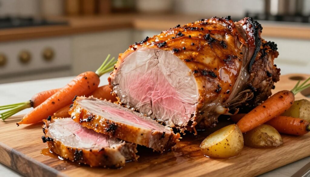 A beautifully roasted pork loin, known as "schab," presented as it emerges from a cooking sleeve, showcasing its golden-brown, crispy exterior glistening with savory juices. In the foreground, the succulent meat is sliced into thick, juicy portions, revealing tender and moist pink insides. The middle ground features an assortment of roasted vegetables, such as carrots and potatoes, perfectly caramelized and arranged around the meat on a rustic wooden cutting board. The background has a warm, inviting kitchen scene with soft, diffuse lighting that highlights the texture of the food, creating a cozy atmosphere. The angle of the shot is slightly overhead, capturing the delightful presentation and rich colors, evoking a sense of home-cooked comfort and culinary mastery.