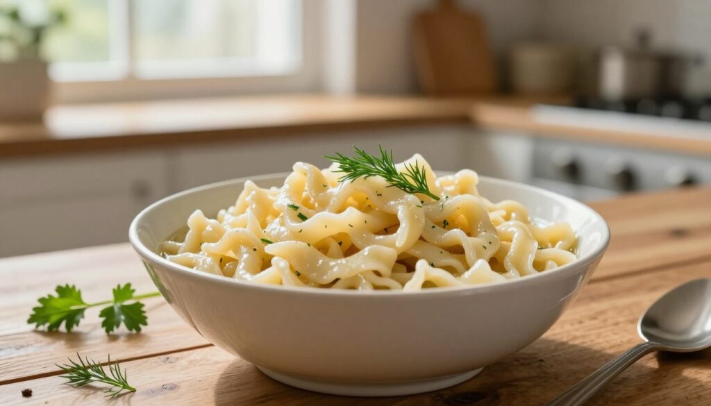 A beautifully styled bowl of freshly made lane kluski noodles, showcasing their fluffy and delicate texture. The noodles should be visually appealing, glistening as though lightly coated in a savory broth. In the foreground, the bowl is placed on a rustic wooden table, with a warm, inviting kitchen backdrop blurred softly to enhance focus on the dish. Natural light streams in from a nearby window, casting a gentle glow over the scene. Some sprigs of fresh herbs, like parsley or dill, are scattered around the bowl to emphasize freshness. The overall atmosphere is cozy and homely, evoking a sense of comfort and warmth, perfect for a homestyle cooking feature.