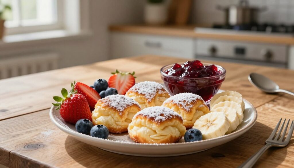 A beautifully styled plate of fluffy racuchy, dusted generously with fine powdered sugar, sits at the foreground. Surrounding the racuchy are vibrant, fresh fruits such as strawberries, blueberries, and sliced bananas, adding a burst of color. A small bowl of rich, glossy fruit jam rests beside the plate, showcasing a tempting contrast. In the middle, a textured wooden table provides a warm, rustic backdrop, with soft, natural light illuminating the scene from a window nearby, casting gentle shadows. The background features a blurred kitchen setting, with hints of baking tools and ingredients, creating an inviting, homely atmosphere. The entire composition conveys a sense of comfort and indulgence, perfect for a delightful dessert presentation.