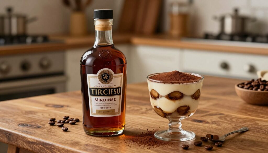 A beautifully styled scene featuring an elegant bottle of coffee liqueur, prominently placed in the foreground, with an intricate glass filled with a creamy tiramisu dessert beside it. The bottle, labeled artfully, has a rich, dark amber hue that catches the light. In the middle ground, a wooden table offers a rustic charm, scattered with cocoa powder and coffee beans, enhancing the visual contrast. The background features a softly blurred kitchen setting with warm, inviting lighting that creates a cozy ambiance. Use a warm color palette to evoke a sense of comfort and indulgence, reflecting a relaxed atmosphere perfect for enjoying tiramisu. Capture this from a slightly elevated angle, focusing on the textures and sheen of the liqueur and dessert.