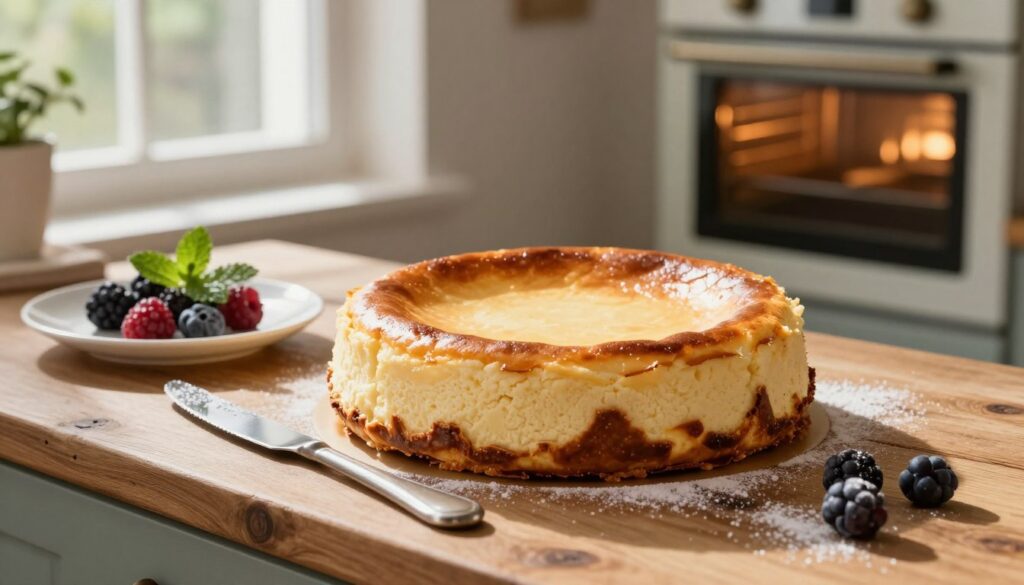 A carefully baked cheesecake cooling on a rustic wooden kitchen counter, showcasing its golden-brown top with a slight shimmer indicating perfect doneness. In the foreground, a delicate palette knife rests beside a pristine white plate ready for serving. The middle ground features a kitchen window with soft, natural light streaming in, illuminating the serene scene and casting gentle shadows. Fresh berries, a sprig of mint, and a sprinkle of powdered sugar adorn the cheesecake, enhancing its inviting appearance. In the background, a traditional oven is slightly ajar, revealing a warm glow, symbolizing the temperature control essential to prevent cracking. The atmosphere is warm and inviting, evoking the joys of home baking and the art of perfect cheesecake preparation.