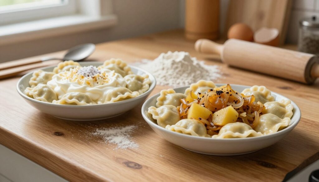 A close-up, detailed view of a wooden kitchen table, elegantly arranged with two distinct bowls of pierogi filling: one sweet and creamy, made with fresh cheese and a hint of sugar; the other savory, featuring a rich blend of sautéed onions, potatoes, and spices. The fillings should appear thick and textured, illustrating their ability to hold shape. Surrounding the bowls are scattered ingredients like flour, eggs, and a rolling pin, evoking a warm, homey atmosphere. Soft, natural light filters through a nearby window, casting gentle shadows and highlighting the freshness of the ingredients. The background includes hints of a cozy kitchen setting, with rustic utensils and light wood accents, creating an inviting culinary scene perfect for a cooking article.