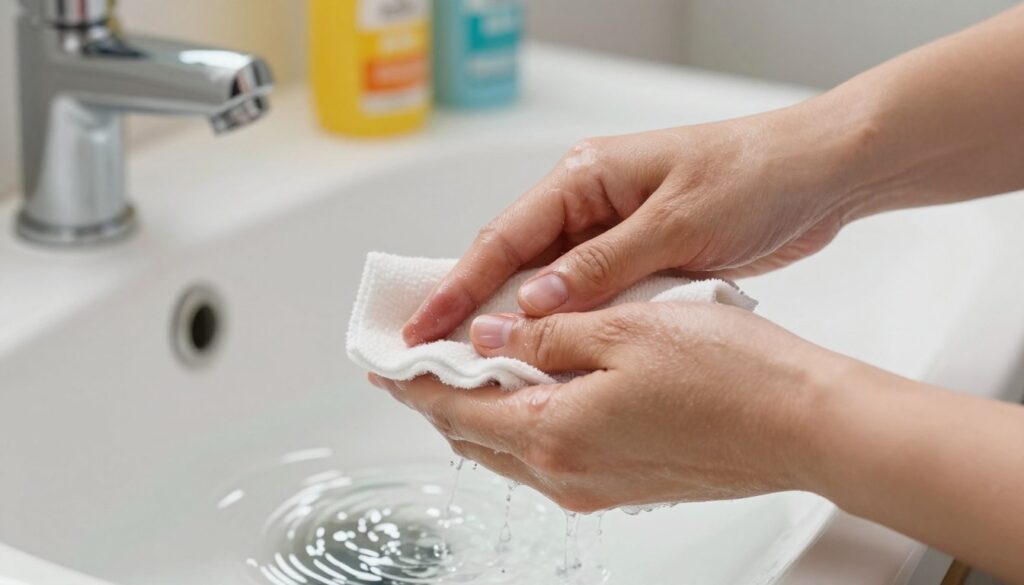 A close-up image of a pair of hands with some hair dye stains on the fingers and palms, showing a gentle scrubbing motion with a soft cloth in a well-lit bathroom environment. The hands are partially submerged in a small bowl of warm water mixed with a mild soap solution, creating small ripples that catch the light. In the background, a blurred view of a bathroom sink and colorful bottles of hair products provide context. The atmosphere conveys a sense of cleanliness and urgency, emphasizing quick removal methods. The lighting is bright and natural, enhancing the colors and textures of the skin and hair dye while maintaining a professional and clean aesthetic.