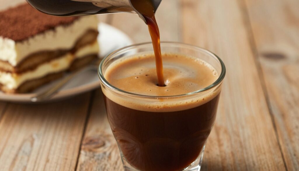A close-up of a rich, glossy shot of espresso being poured into a delicate glass, showcasing the deep brown color with a creamy, caramel froth on top. The espresso is surrounded by soft, inviting layers of a traditional tiramisu, featuring creamy mascarpone and cocoa dust. In the background, a rustic wooden table sets a warm, cozy atmosphere, complemented by soft, natural lighting that highlights the textures of the dessert. A shallow depth of field creates a dreamy effect, focusing on the espresso and tiramisu while gently blurring the background. The overall mood is indulgent and sophisticated, evoking the perfect pairing for a delightful coffee treat. Emphasize a warm color palette, creating an inviting and appealing visual.
