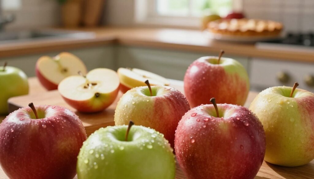 A close-up of a vibrant assortment of fresh apples, showcasing their varying shapes, colors, and textures. In the foreground, include glossy red and green apples with dewdrops glistening on their skins, emphasizing their freshness. In the middle, display a rustic wooden cutting board with sliced apples, revealing their juicy interiors. In the background, softly blurred, showcase a warm, inviting kitchen setting with a hint of an apple pie cooling on a windowsill. Natural sunlight streams in, casting a warm glow over the scene, creating a cozy, inviting atmosphere that evokes the feeling of home-baked goodness. Capture this image using a shallow depth of field to focus on the apples while softly blurring out the kitchen background, enhancing the overall warmth and inviting tone of the composition.