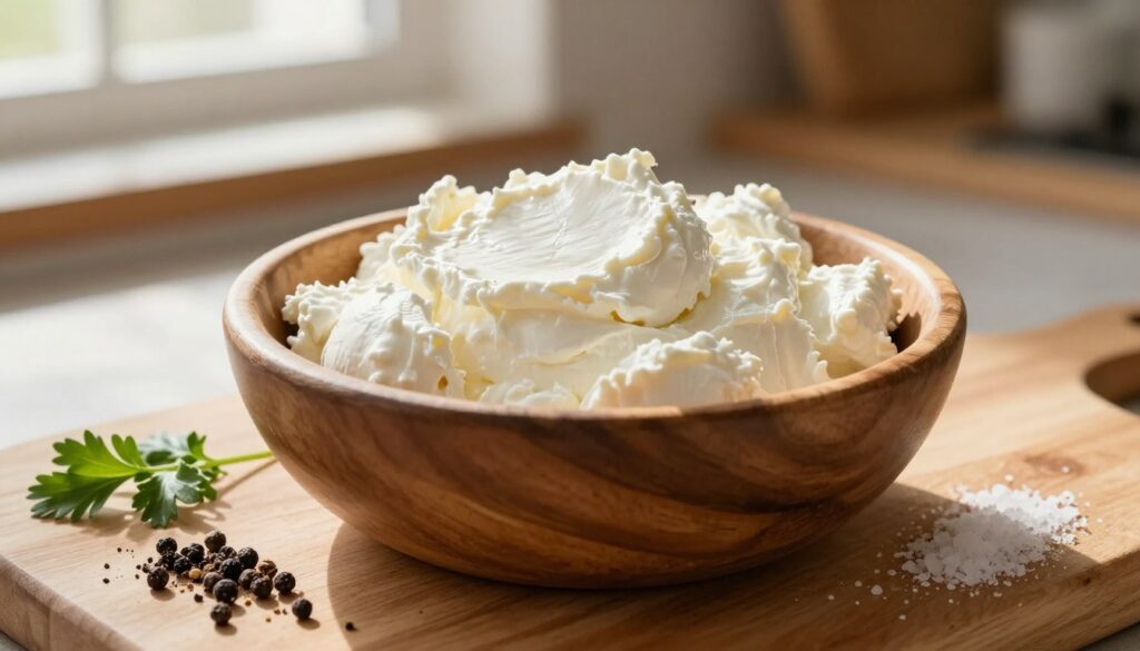 A close-up of fresh, creamy twaróg cheese in a rustic wooden bowl, its texture smooth with slight lumps, showcasing its rich, white color. Surround the bowl with ingredients for pierogi filling: cracked black pepper, finely chopped herbs, and a sprinkle of salt, arranged artfully on a light wooden countertop. In the background, soft, warm sunlight streams through a window, casting gentle shadows and emphasizing the creamy textures. The atmosphere should be inviting and homely, evoking a sense of comfort in traditional cooking. Use a shallow depth of field to focus on the twaróg while softly blurring the ingredients in the foreground, creating a cozy kitchen vibe perfect for food preparation.