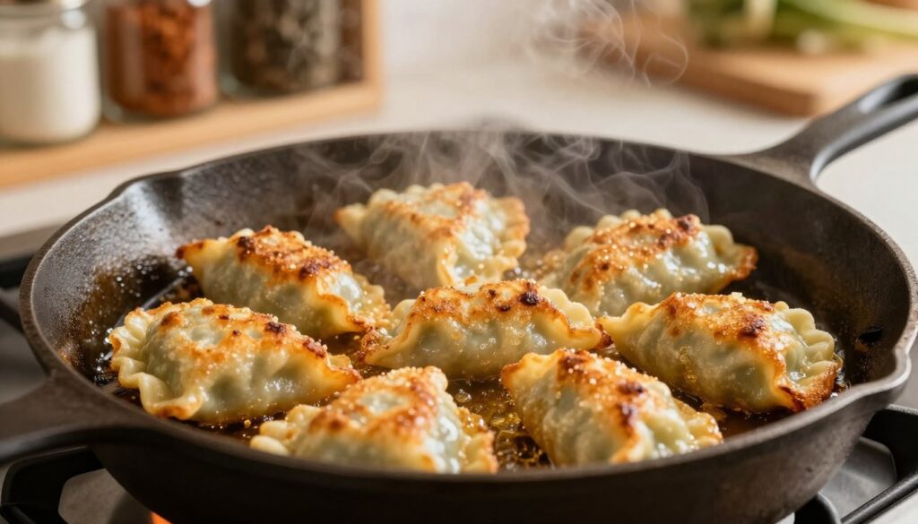 A close-up scene of golden-brown, perfectly fried pierogi sizzling in a large cast-iron skillet on a stovetop. The pierogi are plump and crispy, with steam rising gently from them, highlighting their delightful texture. The oil in the skillet glistens under warm kitchen lighting, creating an inviting atmosphere. In the background, soft-focused shelves hold various spices and ingredients, hinting at a cozy kitchen setting. Use a shallow depth of field to draw attention to the pierogi, capturing the rich colors and juicy details. The overall mood should feel warm and appetizing, evoking a sense of comfort food and home-cooked meals. A close-up scene of golden-brown, perfectly fried pierogi sizzling in a large cast-iron skillet on a stovetop. The pierogi are plump and crispy, with steam rising gently from them, highlighting their delightful texture. The oil in the skillet glistens under warm kitchen lighting, creating an inviting atmosphere. In the background, soft-focused shelves hold various spices and ingredients, hinting at a cozy kitchen setting. Use a shallow depth of field to draw attention to the pierogi, capturing the rich colors and juicy details. The overall mood should feel warm and appetizing, evoking a sense of comfort food and home-cooked meals.