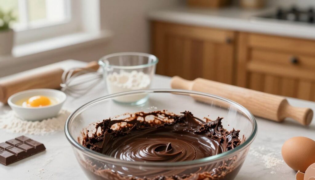 A close-up scene showcasing the preparation of brownie batter, emphasizing rich, glossy chocolate and various baking ingredients like flour, eggs, and melting chocolate. In the foreground, a transparent mixing bowl filled with the velvety, dark mixture, showing streaks of melted chocolate. In the middle, scattered baking tools such as a whisk, measuring cups, and a spatula, along with a dusting of flour for an authentic kitchen atmosphere. In the background, a cozy kitchen setting with warm wooden cabinets and soft, diffused natural light filtering through a nearby window, creating a comforting and inviting mood. The image captures a sense of culinary creativity and the joy of baking.
