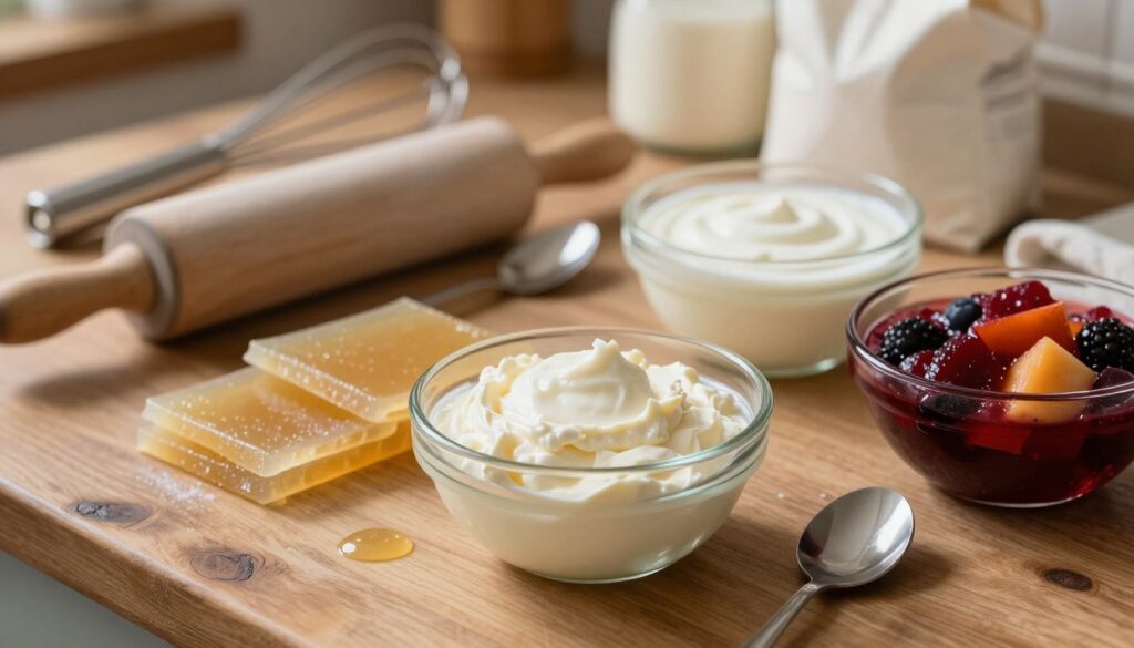 A close-up view of a beautifully arranged selection of dessert alternatives to pudding for a cheesecake. In the foreground, there's a small glass bowl filled with creamy mascarpone cheese, surrounded by various ingredients like gelatin sheets, thick yogurt, and a bowl of fresh fruit compote. The middle ground features a rustic wooden table adorned with a rolling pin and a spoon, indicating a baking theme. In the background, soft-focus kitchen elements like a whisks and flour bags create a warm, inviting atmosphere. The natural light gently illuminates the scene, casting soft shadows, with a slight overhead angle to showcase the textures of the ingredients. The overall mood is cozy and inviting, perfect for home baking enthusiasts.
