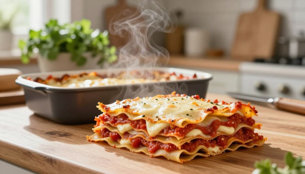 A close-up view of a beautifully layered lasagna being prepared on a wooden kitchen counter. In the foreground, showcase the delicate layers of pasta, rich tomato sauce, creamy béchamel, and melted cheese, highlighting the texture and colors. In the middle, display a rustic baking dish, partially filled with the layered ingredients, warm steam wafting above, indicating freshness. In the background, softly out of focus, a cozy kitchen scene with vibrant herbs, a cutting board, and cooking utensils evokes a homely atmosphere. Natural warm lighting filters through a window, casting gentle shadows while enhancing the appetizing appearance of the food. The composition captures the essence of a comforting and inviting cooking experience, perfect for illustrating the art of lasagna preparation. A close-up view of a beautifully layered lasagna being prepared on a wooden kitchen counter. In the foreground, showcase the delicate layers of pasta, rich tomato sauce, creamy béchamel, and melted cheese, highlighting the texture and colors. In the middle, display a rustic baking dish, partially filled with the layered ingredients, warm steam wafting above, indicating freshness. In the background, softly out of focus, a cozy kitchen scene with vibrant herbs, a cutting board, and cooking utensils evokes a homely atmosphere. Natural warm lighting filters through a window, casting gentle shadows while enhancing the appetizing appearance of the food. The composition captures the essence of a comforting and inviting cooking experience, perfect for illustrating the art of lasagna preparation.