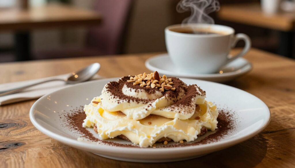 A close-up view of a beautifully presented plate of kawy kremu mascarpone, showcasing velvety layers of rich mascarpone cream infused with a hint of coffee. The cream is elegantly swirled and decorated with a light dusting of cocoa powder and a sprinkle of finely crushed almonds. In the background, a steaming cup of strong, dark coffee sits on a rustic wooden table, surrounded by soft, warm lighting that creates an inviting atmosphere. The table is set against a blurred backdrop of a cozy café interior, with hints of soft colors and warm textures, enhancing the mood of indulgence and comfort. The scene captures the essence of enjoying a delightful dessert paired with a robust coffee, emphasizing richness and warmth without any distractions. A close-up view of a beautifully presented plate of kawy kremu mascarpone, showcasing velvety layers of rich mascarpone cream infused with a hint of coffee. The cream is elegantly swirled and decorated with a light dusting of cocoa powder and a sprinkle of finely crushed almonds. In the background, a steaming cup of strong, dark coffee sits on a rustic wooden table, surrounded by soft, warm lighting that creates an inviting atmosphere. The table is set against a blurred backdrop of a cozy café interior, with hints of soft colors and warm textures, enhancing the mood of indulgence and comfort. The scene captures the essence of enjoying a delightful dessert paired with a robust coffee, emphasizing richness and warmth without any distractions.