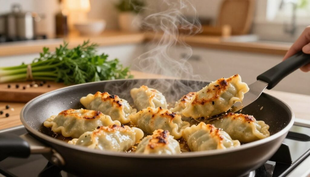 A close-up view of a frying pan on a stovetop, focusing on golden-brown pierogi that are being sautéed to a perfect crisp. The pierogi are plump and filled, with steam wafting above them. In the foreground, a spatula is poised to flip the pieces, showcasing their crispy texture. The middle ground features a beautiful arrangement of colorful herbs and spices, such as fresh dill and parsley, enhancing the appetizing scene. In the background, a softly lit kitchen provides a warm, homely atmosphere, with wooden shelves and kitchen utensils adding charm. The lighting is warm and inviting, casting a gentle glow on the food, creating a cozy, culinary ambiance. The image should evoke a sense of comfort and delicious anticipation. A close-up view of a frying pan on a stovetop, focusing on golden-brown pierogi that are being sautéed to a perfect crisp. The pierogi are plump and filled, with steam wafting above them. In the foreground, a spatula is poised to flip the pieces, showcasing their crispy texture. The middle ground features a beautiful arrangement of colorful herbs and spices, such as fresh dill and parsley, enhancing the appetizing scene. In the background, a softly lit kitchen provides a warm, homely atmosphere, with wooden shelves and kitchen utensils adding charm. The lighting is warm and inviting, casting a gentle glow on the food, creating a cozy, culinary ambiance. The image should evoke a sense of comfort and delicious anticipation.