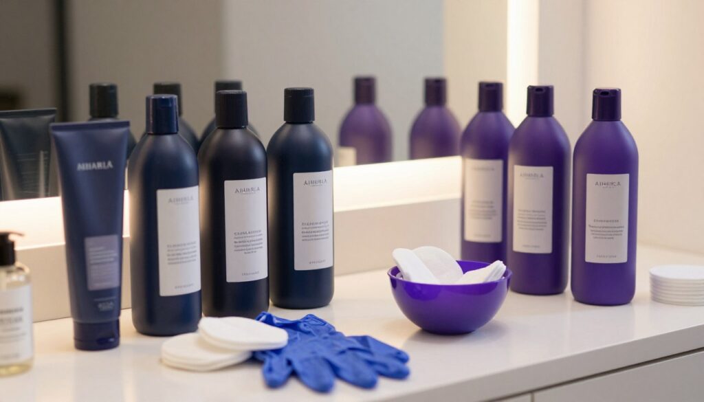 A close-up view of a modern vanity display featuring professional hair dye removal products. In the foreground, there are various elegantly designed bottles and tubes, showcasing rich colors like deep blues and vibrant purples, with clean, minimalistic labels. The middle section captures a few essential tools like cotton pads, gloves, and a small bowl for mixing. In the background, soft, diffused lighting creates a warm and inviting atmosphere, subtly illuminating a clean, white countertop. A reflection of a stylish mirror adds depth to the composition. This image conveys a professional yet approachable mood, emphasizing the effectiveness of these products while ensuring a safe, polished look without any text or additional elements.
