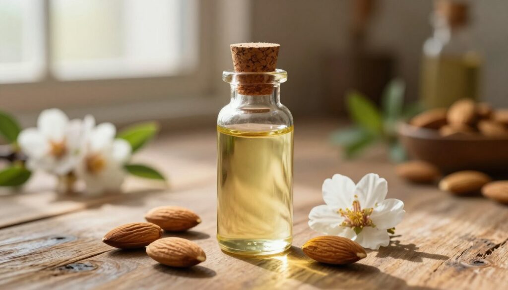 A close-up view of a small glass bottle of almond oil, elegantly shaped with a cork stopper, placed on a rustic wooden table. The bottle is surrounded by a few whole almonds and delicate almond blossoms, enhancing the natural essence of the oil. Soft, warm lighting filters through a window, creating gentle highlights and shadows that evoke a cozy atmosphere. In the background, a blurred image of a traditional kitchen setting can be seen, complete with herbs and spices, subtly hinting at their aromatic qualities. The overall mood is inviting and serene, focused on the beauty and warmth of almond oil, with an emphasis on its culinary uses.