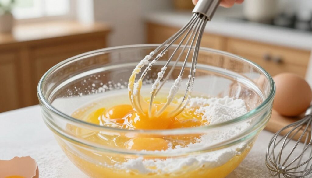A close-up view of bright, creamy egg yolks being meticulously whisked with powdered sugar in a sleek, glass bowl. The focus is on the smooth, glossy texture of the yolks and the soft, fine grains of sugar blending together. In the background, a softly blurred kitchen setting evokes a warm, inviting atmosphere, with wooden cabinets and soft natural light streaming through a nearby window, enhancing the golden color of the yolks. To the side, a metal whisk, partially in focus, adds depth to the composition. The mood is one of calm creativity, capturing the essence of preparing a delicious mascarpone cream. The image should be bright and well-lit, conveying freshness and clarity, perfect for illustrating a cooking process.
