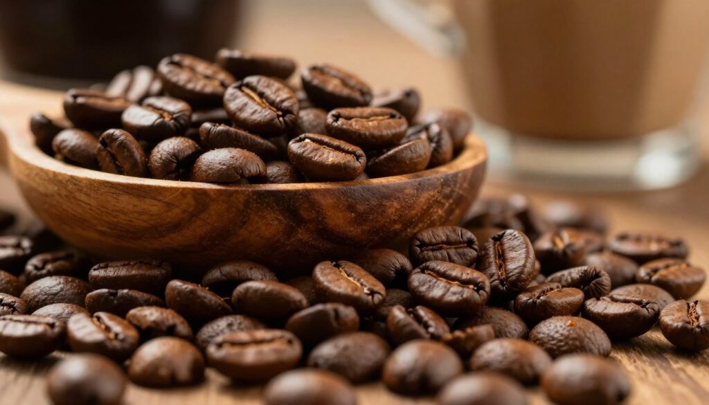 A close-up view of high-quality coffee beans, showcasing their rich textures and colors, with a focus on light brown to dark brown variations. The foreground features a handful of freshly roasted beans glistening with natural oils, emphasizing their freshness. In the middle, a rustic wooden bowl filled with beans adds warmth, while a few scattered beans create a sense of abundance. The background is softly blurred to enhance depth, with hints of coffee brewing equipment subtly introduced for context. The lighting is warm and inviting, radiating a golden hue, evoking the comforting aroma of coffee. The mood is cozy and rich, perfect for evoking thoughts of the best coffee to use in tiramisu.