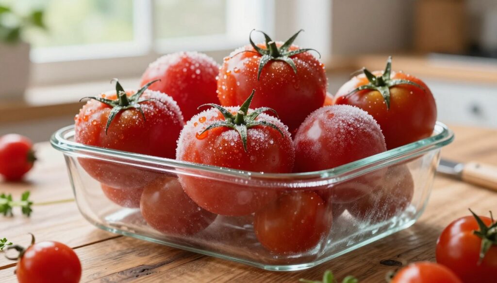 A collection of vibrant, frozen tomatoes arranged artfully in a clear, frost-covered glass container, set on a rustic wooden kitchen table. The foreground features a close-up view of bright red cherry and beefsteak tomatoes, glistening with ice crystals, showcasing their freshness and vivid color. In the background, soft, natural light filters through a window, creating a warm, inviting atmosphere. A hint of green herbs sporadically placed around the container suggests kitchen preparation. The scene captures the essence of preserving summer flavors for winter meals, emphasizing the practicality of freezing tomatoes for various culinary uses. The overall mood is homely and encouraging, evoking a sense of culinary creativity and resourcefulness.