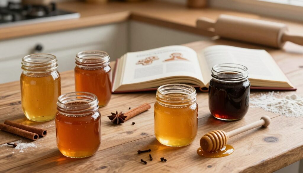 A cozy kitchen scene focusing on the selection of honey for gingerbread. In the foreground, a rustic wooden table displays various jars of honey, each with distinct colors and textures—light amber, deep golden, and dark brown. A honey dipper rests beside them, glistening with liquid honey. In the middle ground, an open cookbook displays a recipe for gingerbread, surrounded by spices like cinnamon and cloves, and a rolling pin dusted with flour. The background features warm, soft lighting illuminating the space, creating an inviting atmosphere. The scene conveys a sense of warmth and nostalgia, highlighting the importance of choosing the right honey to enhance the aroma and freshness of gingerbread. A cozy kitchen scene focusing on the selection of honey for gingerbread. In the foreground, a rustic wooden table displays various jars of honey, each with distinct colors and textures—light amber, deep golden, and dark brown. A honey dipper rests beside them, glistening with liquid honey. In the middle ground, an open cookbook displays a recipe for gingerbread, surrounded by spices like cinnamon and cloves, and a rolling pin dusted with flour. The background features warm, soft lighting illuminating the space, creating an inviting atmosphere. The scene conveys a sense of warmth and nostalgia, highlighting the importance of choosing the right honey to enhance the aroma and freshness of gingerbread.