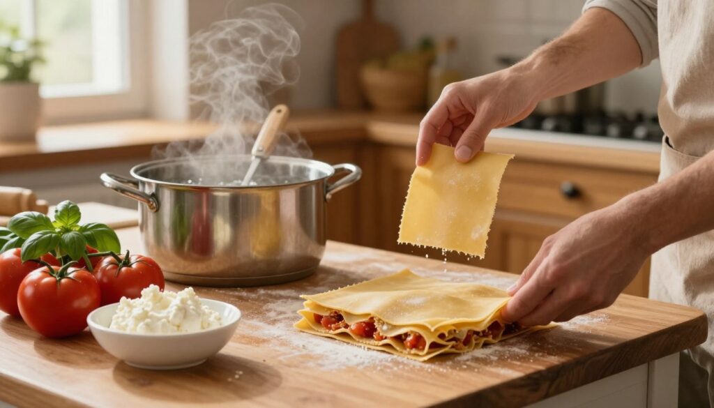A cozy kitchen scene illustrating the process of preparing lasagna with traditional dry pasta sheets. In the foreground, a wooden countertop is laden with fresh ingredients: ripe tomatoes, fragrant basil, and creamy ricotta cheese, all neatly arranged next to a steaming pot of water gently boiling. In the middle ground, a person is seen stirring the pot while another hand places dry lasagna sheets into the pot, showcasing their subtle texture. The background features warm wooden cabinets and soft, natural lighting streaming through a window, creating a welcoming and inviting atmosphere. The lens captures the moment in a slightly angled view, emphasizing the meticulous preparation steps while evoking a sense of warmth and home cooking. A cozy kitchen scene illustrating the process of preparing lasagna with traditional dry pasta sheets. In the foreground, a wooden countertop is laden with fresh ingredients: ripe tomatoes, fragrant basil, and creamy ricotta cheese, all neatly arranged next to a steaming pot of water gently boiling. In the middle ground, a person is seen stirring the pot while another hand places dry lasagna sheets into the pot, showcasing their subtle texture. The background features warm wooden cabinets and soft, natural lighting streaming through a window, creating a welcoming and inviting atmosphere. The lens captures the moment in a slightly angled view, emphasizing the meticulous preparation steps while evoking a sense of warmth and home cooking.
