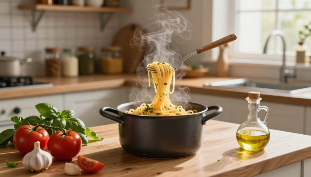 A cozy kitchen scene showcasing a pot of steaming pasta ready to be served. In the foreground, a wooden countertop cluttered with various fresh ingredients like tomatoes, basil, garlic, and a bowl of olive oil, inviting creativity. The middle ground features a pot of al dente spaghetti twirling on a fork, with herbs sprinkled over it for garnish. Soft, warm lighting filters in from a nearby window, casting gentle shadows and highlighting the textures of the ingredients. The background captures shelves lined with spices and pantry staples, creating a homey atmosphere. Overall, the mood is inviting and inspiring, emphasizing quick meal preparation with home-cooked ingredients. A cozy kitchen scene showcasing a pot of steaming pasta ready to be served. In the foreground, a wooden countertop cluttered with various fresh ingredients like tomatoes, basil, garlic, and a bowl of olive oil, inviting creativity. The middle ground features a pot of al dente spaghetti twirling on a fork, with herbs sprinkled over it for garnish. Soft, warm lighting filters in from a nearby window, casting gentle shadows and highlighting the textures of the ingredients. The background captures shelves lined with spices and pantry staples, creating a homey atmosphere. Overall, the mood is inviting and inspiring, emphasizing quick meal preparation with home-cooked ingredients.